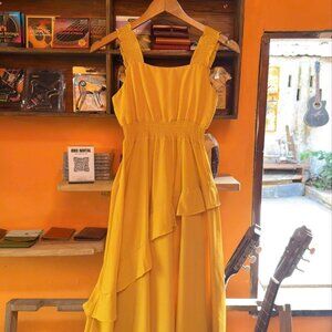 Stunning Yellow Midi Dress Ruffle Tiered Sundress